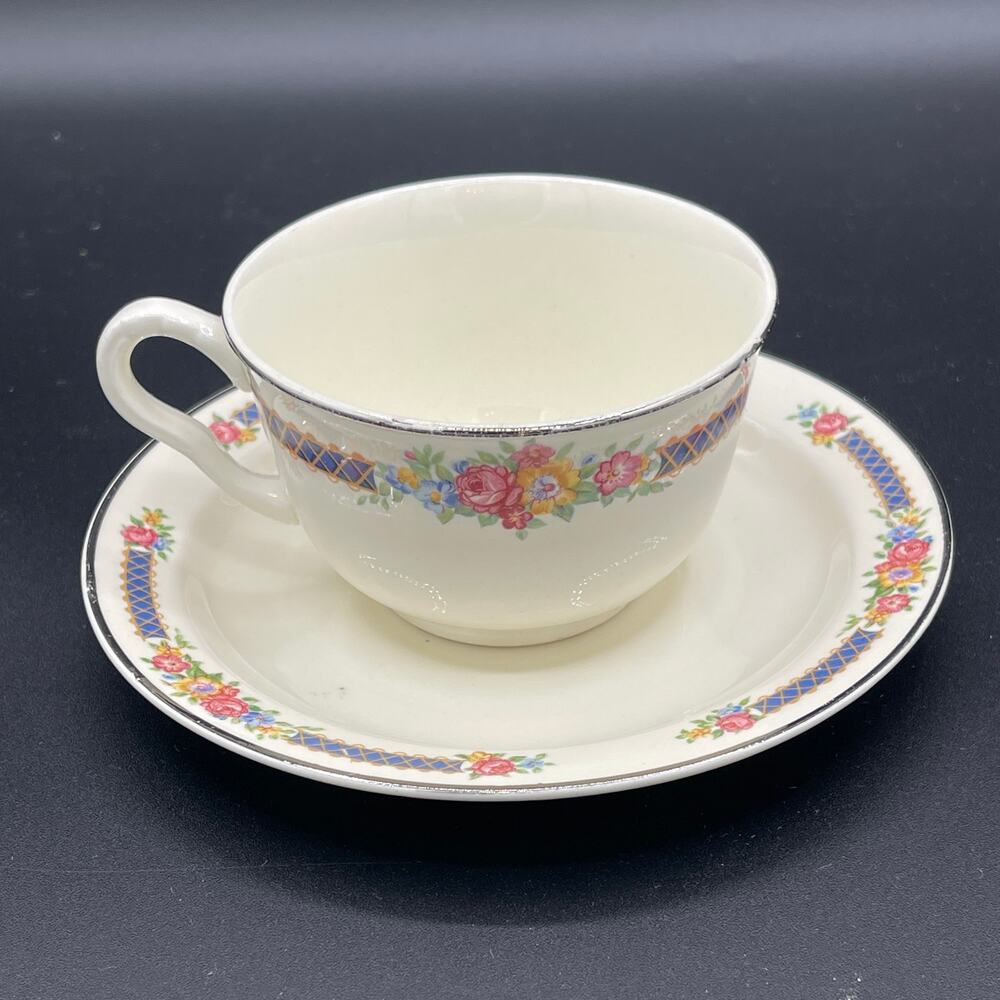 The Hall China Co. Blue Bouquet Teacup and Saucer Set